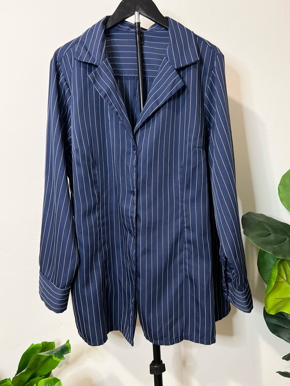 Curve 2XL Navy Pinstripe Longline Blazer Shirt Office Siren Plus Size
